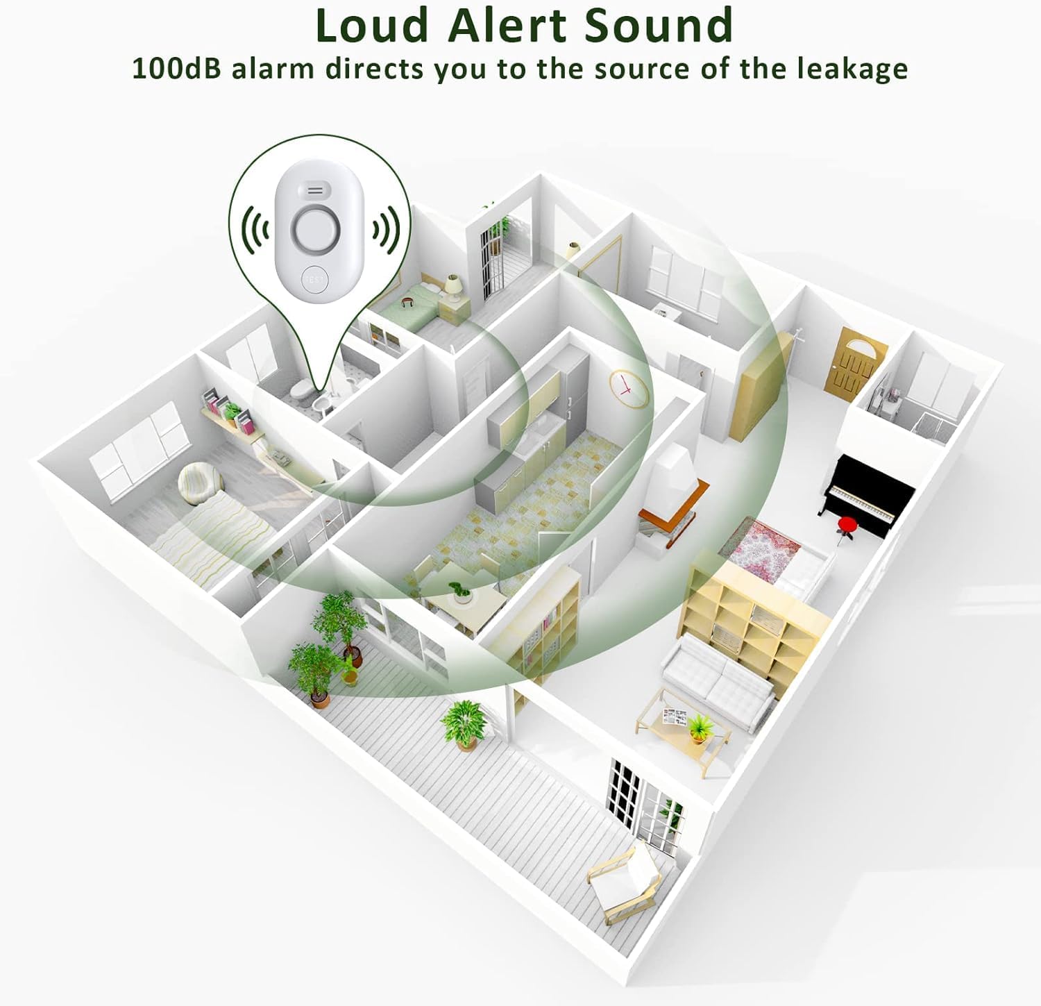 Water Leak Detector Alarm Sensor — 100dB Waterproof Drip & Flood Alert for Home, Basement, Kitchen & Bathroom Leak Detection