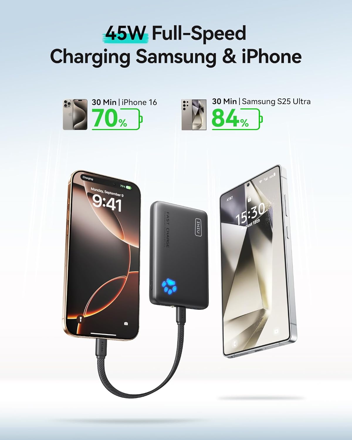 Portable Charger, Ultra Slim 45W Fast Charging with Attached USB C Cable, Flight-Safe 10000Mah PD Power Bank Battery Pack, Travel Essential Phone Powerbank for Iphone 17 16 Samsung S25 Google Etc
