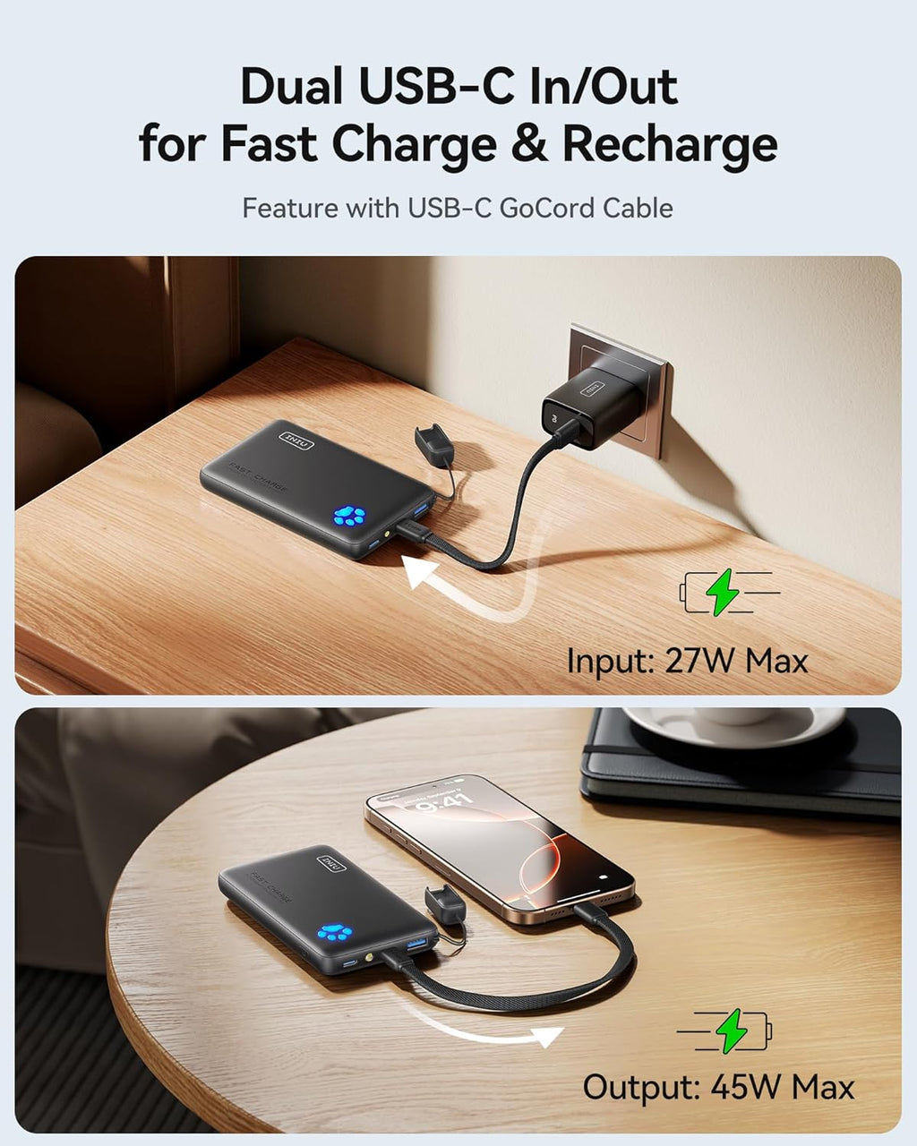 Portable Charger, Ultra Slim 45W Fast Charging with Attached USB C Cable, Flight-Safe 10000Mah PD Power Bank Battery Pack, Travel Essential Phone Powerbank for Iphone 17 16 Samsung S25 Google Etc