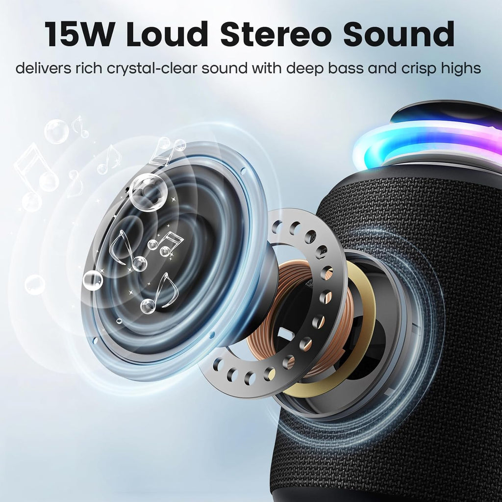 Portable Bluetooth Speaker – 15W Waterproof & Dustproof Wireless Speaker with TWS Stereo, LED Lights & Long Battery Life