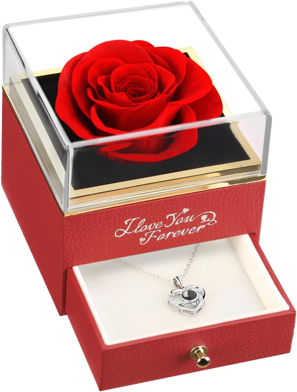 Preserved Flowers Forever Real Rose with I Love You Necklace, Eternal Rose Gifts for Mom Grandma Wife Girlfriend on Christmas, Valentines, Mothers Day, Anniversary, Birthday Gifts for Women